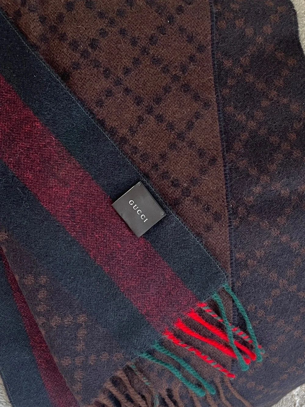 Gucci Brown Monogram Scarf with Red & Green Stripes